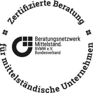 Siegel des Beratungsnetzkwerk Mittelstand BVMW e.V. mit der Aufschrift Zertifizierte Beratung